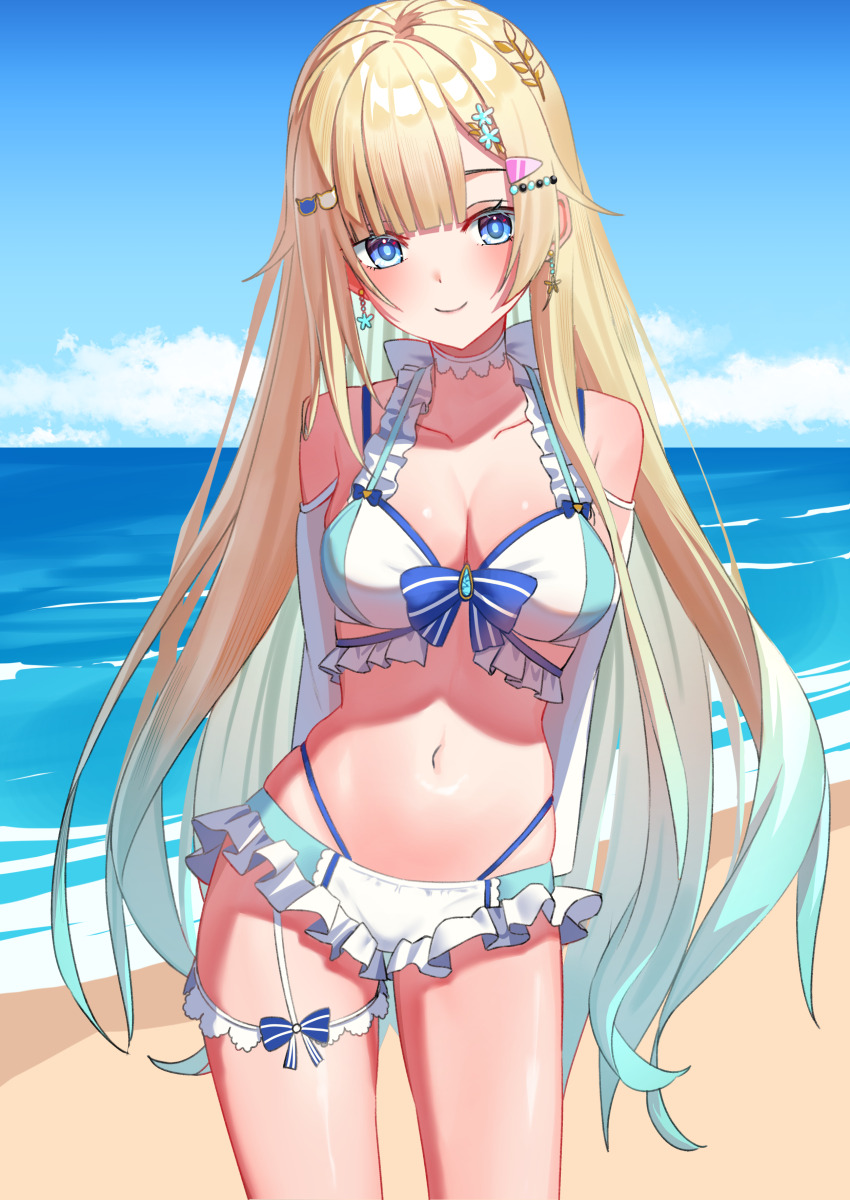 1girl absurdres aizawa_ema aizawa_ema_(vspo!_summer_2024) aqua_bikini aqua_hair arms_behind_head beach bikini blonde_hair blue_bow blue_eyes blue_sky blunt_bangs bow bow_bikini breasts bright_pupils cat_hair_ornament choker cloud colored_inner_hair contrapposto cowboy_shot day detached_sleeves earrings flower_earrings flower_hairpin frilled_bikini frills garter_straps gradient_hair hair_ornament highres horizon jewelry lace lace-trimmed_bikini lace_choker lace_trim large_breasts laurels long_hair looking_at_viewer mismatched_earrings multi-strapped_bikini_bottom multi-strapped_bikini_top multicolored_bikini multicolored_hair navel ocean outdoors see-through_clothes see-through_sleeves single_garter_strap sky smile solo stomach swimsuit thigh_strap two-tone_bikini very_long_hair virtual_youtuber vspo! white_bikini white_bow white_choker white_hair yama_narashi