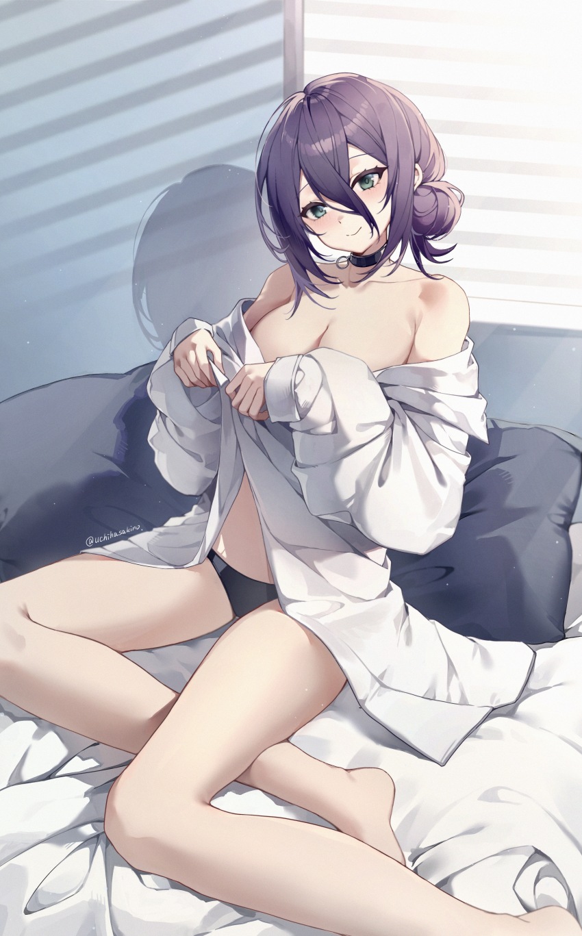 1girl absurdres bare_shoulders barefoot bed black_choker black_panties breasts chainsaw_man choker cleavage commentary_request dress green_eyes highres indoors large_breasts on_bed panties pillow purple_dress reze_(chainsaw_man) shirt short_hair smile solo uchihasakino underwear white_shirt