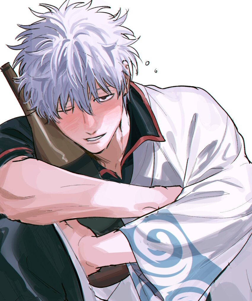 1boy black_pants black_shirt blush bottle commentary_request drunk gintama grey_hair hadanugi_dousa hair_between_eyes highres holding holding_bottle hugging_object japanese_clothes kimono long_sleeves looking_at_viewer male_focus messy_hair one_eye_closed open_kimono pants parted_lips red_eyes sakata_gintoki shirt short_hair short_sleeves sitting sleepy smile solo squeans white_background white_kimono wide_sleeves wine_bottle ww034518297