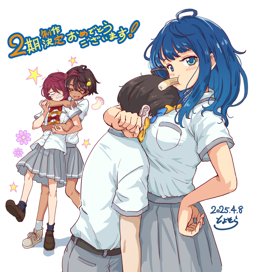 &gt;_&lt; 1boy 3girls absurdres ahoge arm_around_neck asphyxiation assertive_female between_breasts black_hair blank_eyes blue_bow blue_bowtie blue_hair blush bow bowtie breast_smother breasts chikuwa clenched_teeth collared_shirt commentary dark-skinned_female dark_skin dated face_to_breasts femdom food food-themed_hair_ornament food_in_mouth grey_skirt hair_bobbles hair_ornament hand_on_own_hip head_between_breasts hetero highres hug hug_from_behind komari_chika large_breasts lemon_hair_ornament long_hair looking_at_viewer make_heroine_ga_oo_sugiru! multiple_girls nukumizu_kazuhiko one_side_up open_mouth pleated_skirt red_bow red_bowtie school_uniform shirt short_hair short_sleeves signature skirt standing summer_uniform teeth toyosora tsuwabuki_high_school_uniform white_shirt yakishio_lemon yanami_anna yellow_bow yellow_bowtie yuri