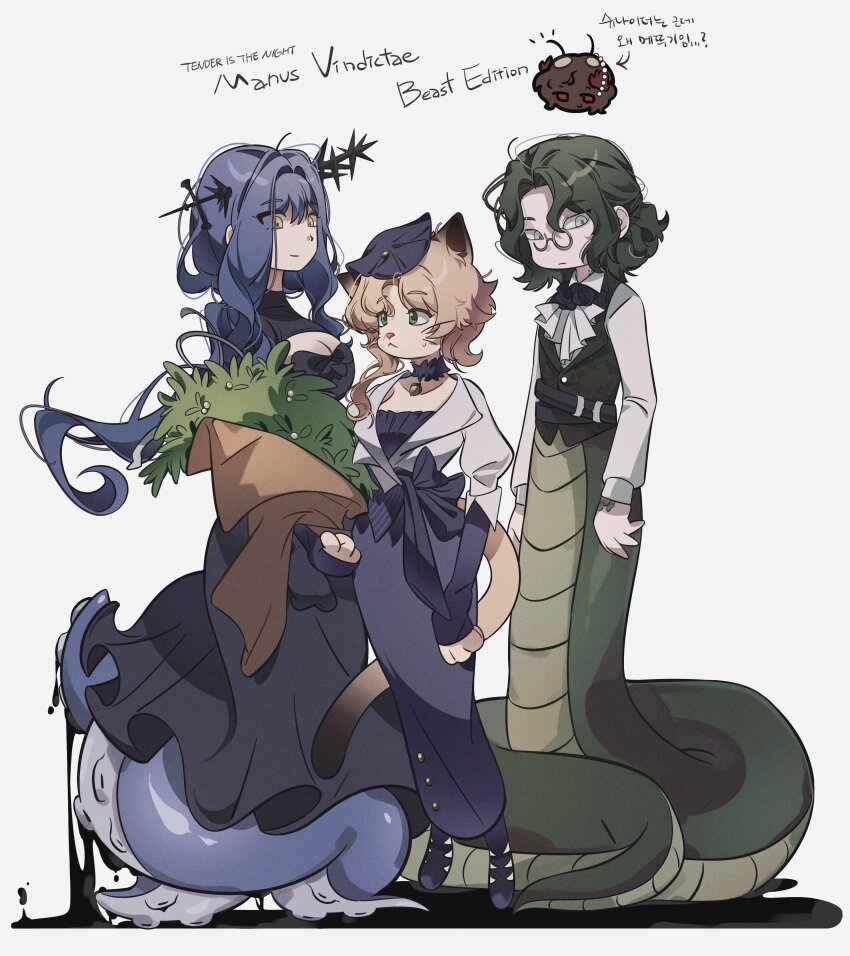 1boy 3girls :&lt; absurdres acorn_pendant animal_ears arcana_(reverse:1999) ascot black_dress black_flower black_hair black_liquid black_shoes black_vest blonde_hair blue_hair blue_hat bouquet breasts cat_ears cat_girl cat_tail cleavage cleavage_cutout clothing_cutout dress druvis_iii english_text fascinator flower forget_me_not_(reverse:1999) furrification furry furry_female glasses green_eyes grey_background grey_eyes hat highres hobble_dress holding holding_bouquet korean_text lamia_boy long_dress long_hair looking_at_viewer monster_boy monsterification multiple_girls neck_flower reverse:1999 round_eyewear schneider_(reverse:1999) shirt shoes short_hair smile tail tentacle_girl tentacles unhyang vest wand_in_head white_ascot white_shirt yellow_eyes