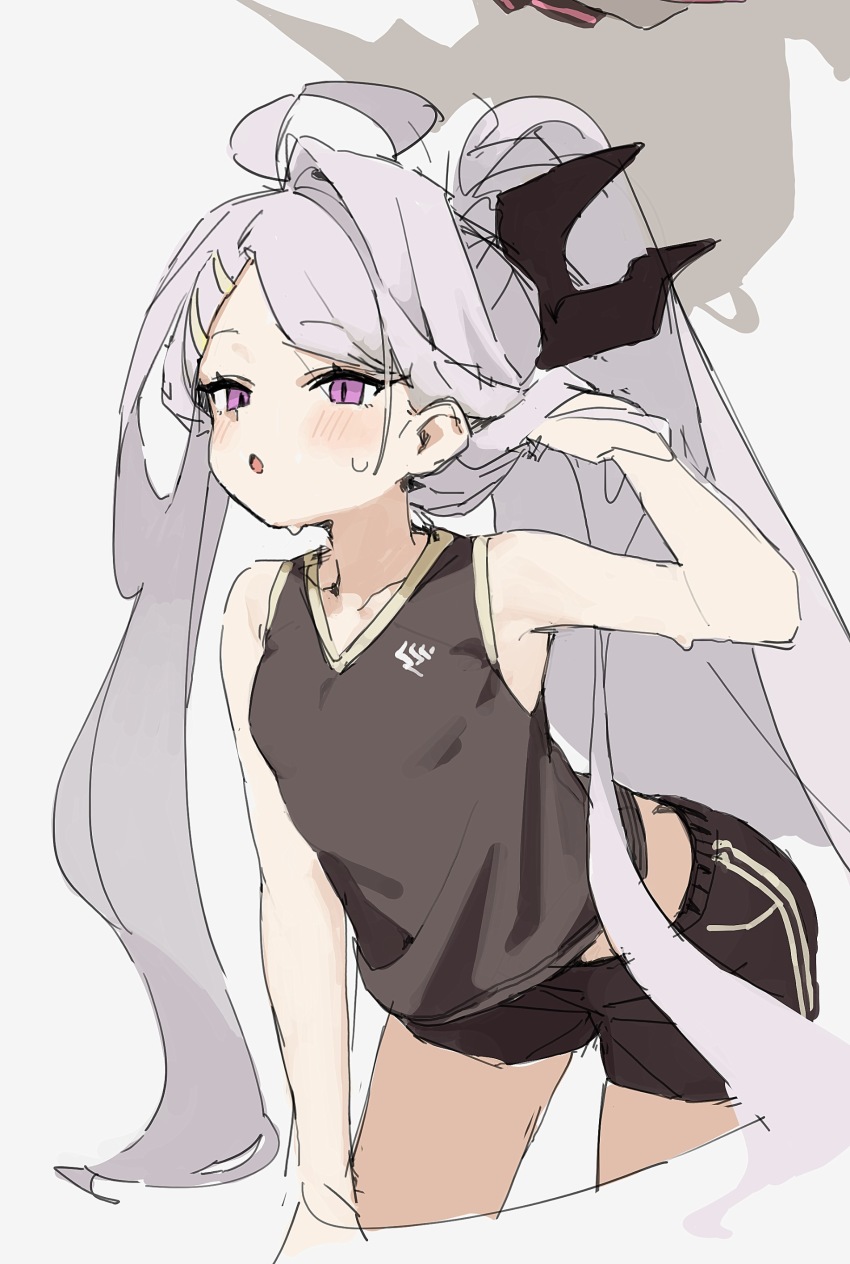 1girl absurdres ahoge black_shirt black_shorts blue_archive blush cropped_legs grey_hair hair_ornament hairclip halo highres hina_(blue_archive) horns loah_66 long_hair multiple_horns open_mouth ponytail purple_eyes shirt shorts simple_background sketch sleeveless sleeveless_shirt solo sportswear sweat very_long_hair white_background