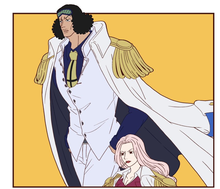 1boy 1girl aokiji_(one_piece) black_hair blue_shirt border cigarette coat coat_on_shoulders collared_coat commentary_request curly_hair epaulettes hands_in_pockets highres hina_(one_piece) long_hair looking_ahead miyaji_art necktie one_piece pink_hair red_lips shirt simple_background unworn_blindfold upper_body v-shaped_eyebrows vest white_border white_coat yellow_background