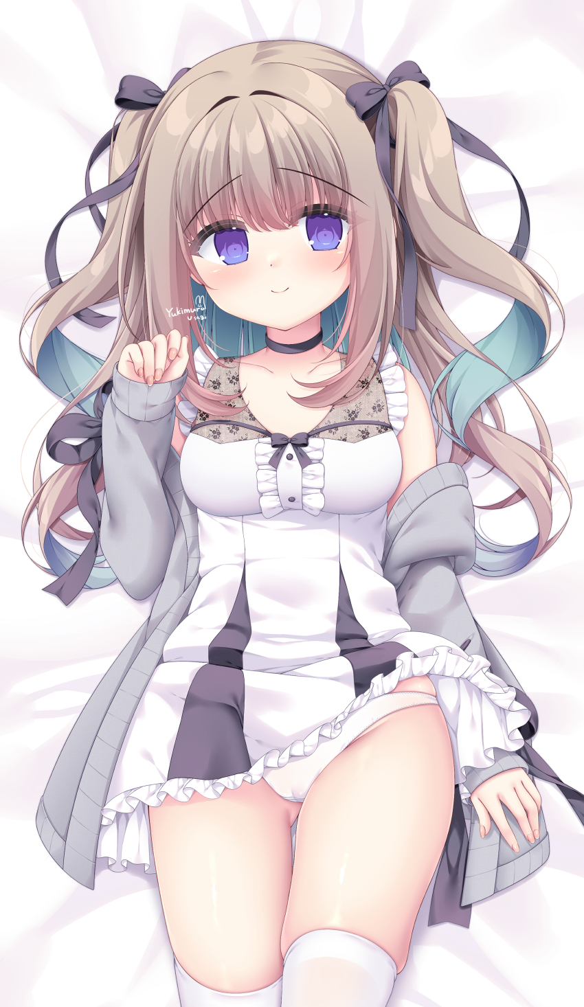 1girl absurdres black_bow black_choker blue_eyes blush bow breasts brown_hair choker closed_mouth collarbone dress frills grey_jacket hair_bow hair_ornament hair_ribbon highres jacket long_hair looking_at_viewer lying medium_breasts on_back open_clothes open_jacket original panties ribbon smile solo thighhighs twintails underwear white_dress white_panties white_thighhighs yukimura_usagi