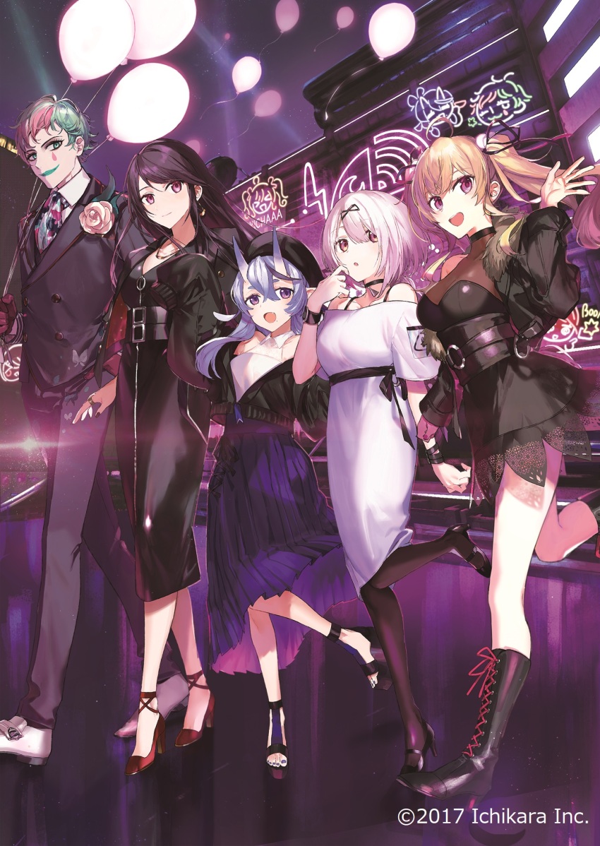 1boy 4girls :d aqua_eyes aqua_hair balloon belt black_belt black_dress black_hair black_hat blonde_hair boutonniere breasts buttons copyright_notice corset double-breasted dress facepaint flower formal_clothes grey_jacket grey_pants grey_suit gundou_mirei hair_between_eyes hand_up hat high_heels highres horns hou_(ppo) jacket joe_rikiichi lapels leg_up lipstick long_hair looking_at_viewer makeup medium_breasts mole mole_under_mouth multicolored_hair multiple_girls neon_lights nijisanji off-shoulder_dress off_shoulder official_alternate_costume official_art oni open_mouth pants pink_eyes pink_flower pink_hair pink_rose purple_eyes purple_hair red_eyes rindou_mikoto rose second-party_source shiina_yuika short_hair side-by-side skin-covered_horns sleeves_past_fingers sleeves_past_wrists smile suit suit_jacket takamiya_rion twintails two-tone_hair virtual_youtuber walking waving white_dress white_hair