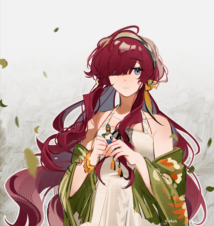 1girl absurdres bare_shoulders blue_eyes bottle bracelet capelet closed_mouth dress falling_leaves flower flower_bracelet green_capelet green_hairband grey_background hair_over_one_eye hairband highres holding holding_bottle jewelry leaf light_smile long_hair looking_at_viewer low_twintails official_alternate_costume red_hair reverse:1999 sleeveless sleeveless_dress solo twintails upper_body very_long_hair white_dress yellow_flower yenisei_(around_the_riverbend)_(reverse:1999) yenisei_(reverse:1999) ylceon