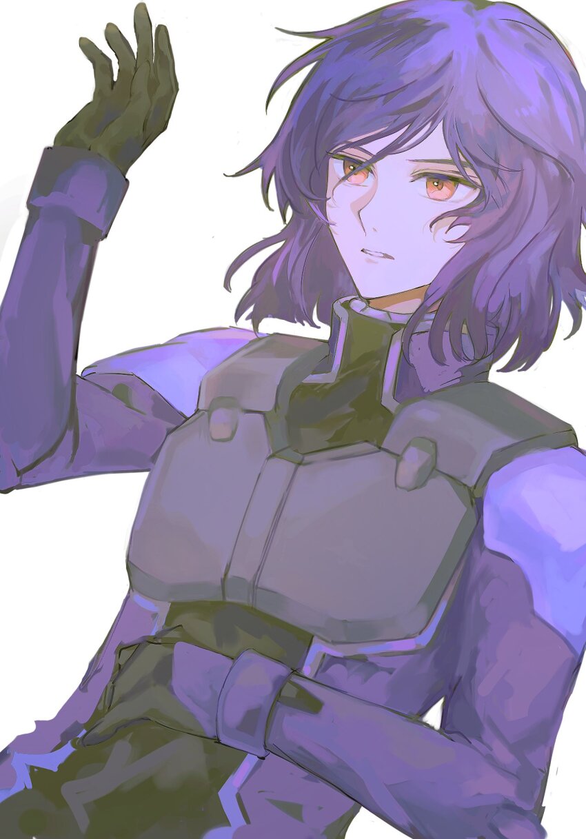 1boy gundam gundam_00 hand_on_own_stomach hand_up highres jumpsuit looking_ahead male_focus mecha_pilot_suit medium_hair normal_suit_(gundam) parted_lips pilot_suit purple_hair purple_jumpsuit red_eyes sas99009 simple_background solo tieria_erde white_background