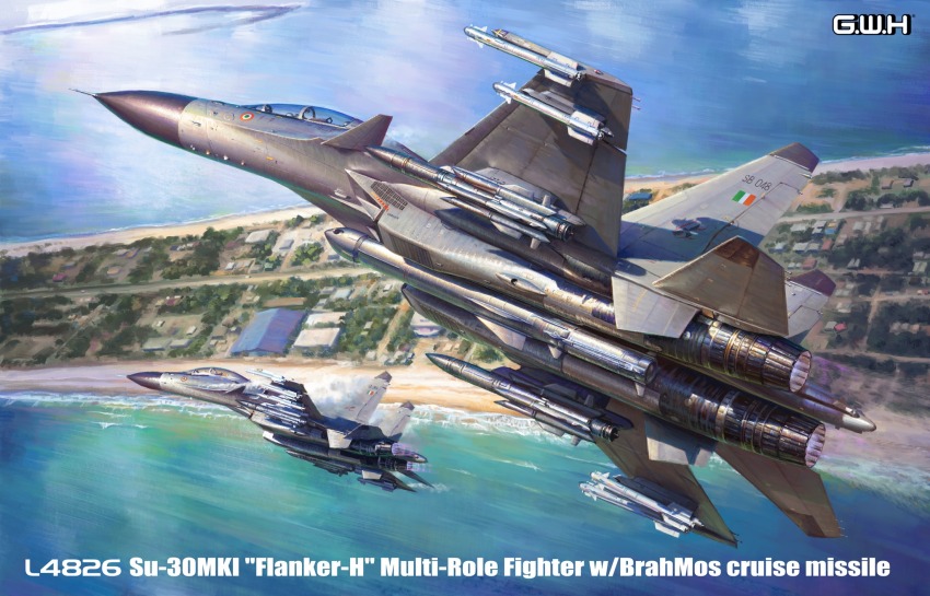 aircraft airplane anti-aircraft anti-aircraft_missile anti-ship_missile box_art canards fighter_jet highres indian_air_force island jeffholy military_vehicle missile original pj-10_brahmos roundel su-30 water