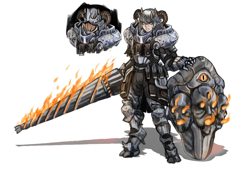 1girl 202vincent absurdres armor belt colored_tongue digitigrade fantasy fire flaming_weapon full_body goat_girl grey_hair highres hooves horns huge_weapon lance leather_armor multiple_horns original pauldrons plate_armor polearm pouch shield shoulder_armor standing utility_belt weapon yellow_eyes yellow_tongue