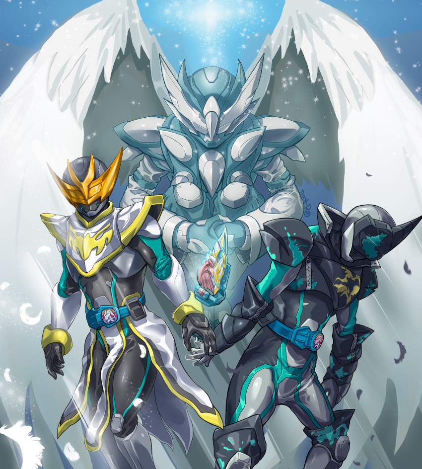 3boys aqua_background armor arms_at_sides bat_(animal) bat_genome bat_wings belt blue_background blue_bodysuit blue_headwear bodysuit boots character_name commentary cowl dark_foreground rider_belt elbow_spikes evilblade fake_horns flower flying forest full_body gauntlets gloves glowing glowing_eyes helmet high_collar highres holding holding_weapon holy_live horned_helmet horns huujyu kamen_rider kamen_rider_evil kamen_rider_live kamen_rider_revice looking_at_viewer male_focus multiple_boys multiple_persona nature open_hands orange_eyes reiwa rider_belt shoulder_armor simple_background sketch sky solo spiked_armor spiked_helmet standing stylistic tokusatsu two_sidriver visor visor_(armor) weapon white_armor white_wings wing_genome wings zipper