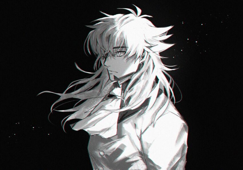 1boy ascot black_background chiyo_(miichiyochin) chromatic_aberration closed_mouth commentary eyelashes facial_hair goatee greyscale hair_over_one_eye jacket leon_(pokemon) light_particles long_hair male_focus messy_hair monochrome nintendo pokemon pokemon_swsh solo