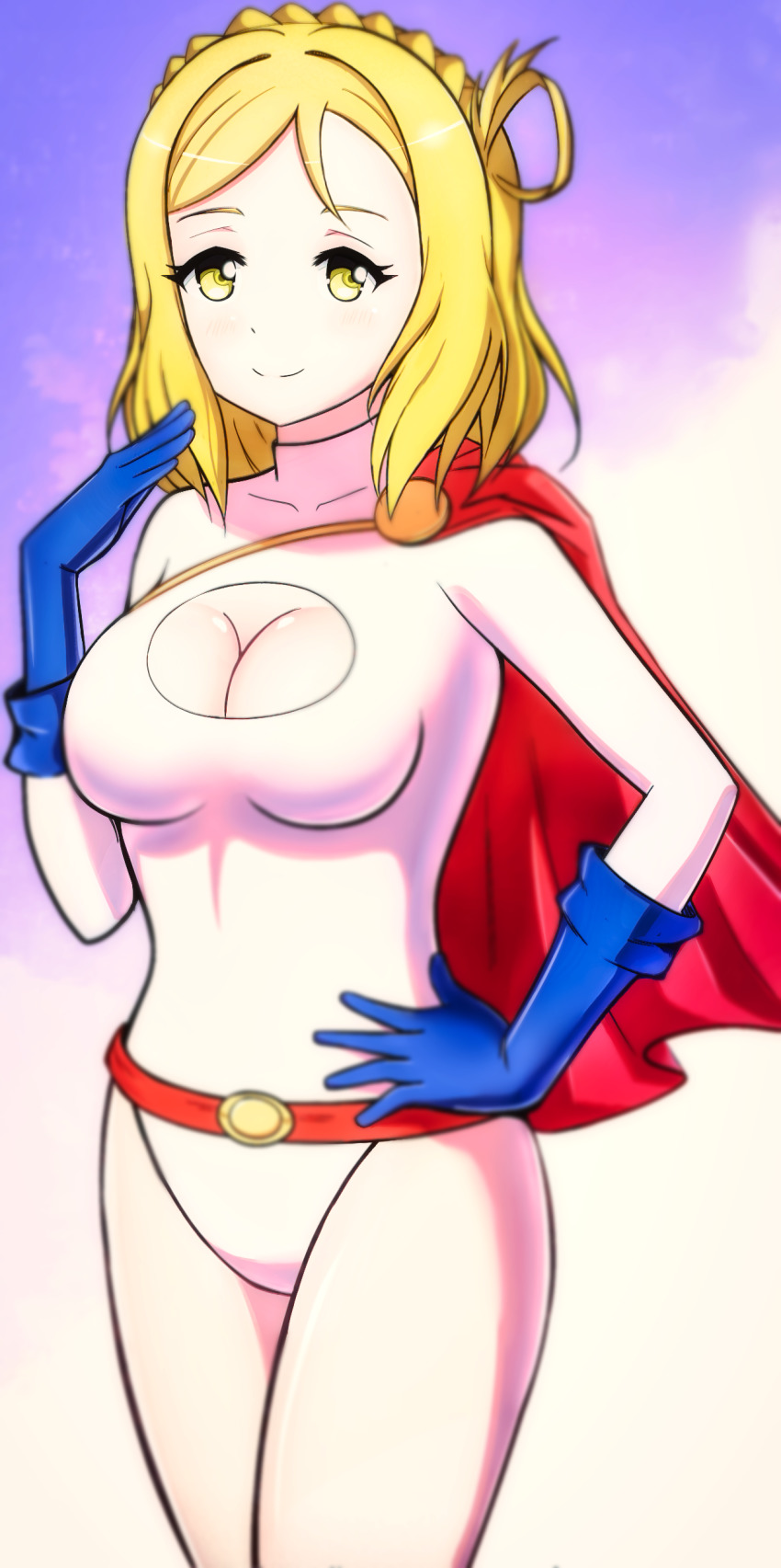 1girl absurdres belt blonde_hair blue_gloves blush braid breasts cape cleavage cleavage_cutout clothing_cutout cosplay dc_comics female_focus gloves hand_on_own_hip highres large_breasts leotard long_sleeves looking_at_viewer love_live! love_live!_sunshine!! mnkr98 ohara_mari power_girl power_girl_(cosplay) red_belt red_cape short_hair smile standing white_leotard yellow_eyes