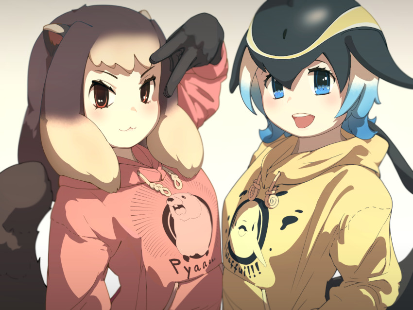 2girls :3 alpine_marmot_(kemono_friends) alternate_costume animal_ears arm_at_side arm_up black_hair blonde_hair blowhole blue_eyes brown_eyes brown_hair casual cetacean_tail closed_mouth common_dolphin_(kemono_friends) drawstring fins fish_tail gloves gozouroppu2 gradient_background hair_between_eyes head_fins hood hood_down hoodie kemono_friends long_sleeves looking_at_viewer medium_hair multicolored_hair multiple_girls open_mouth smile tail two-tone_hair upper_body v white_hair