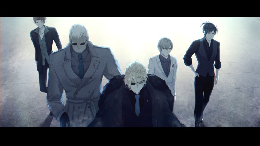 5boys ashe_ubert ashe_ubert_(timeskip) black_bow black_bowtie black_fur black_gloves black_hair black_shirt black_vest blonde_hair blue_eyes bow bowtie buttons chinese_commentary closed_mouth coat collared_jacket collared_shirt commentary_request dark-skinned_male dark_skin dedue_molinaro dedue_molinaro_(timeskip) dimitri_alexandre_blaiddyd dimitri_alexandre_blaiddyd_(timeskip) double-breasted eyepatch felix_hugo_fraldarius felix_hugo_fraldarius_(timeskip) fire_emblem fire_emblem:_three_houses formal_clothes gloves grey_hair hair_slicked_back highres intyaofe jacket lapels letterboxed long_sleeves looking_ahead male_focus multiple_boys necktie nintendo notched_lapels one_eye_covered open_collar orange_hair parted_bangs shirt sleeves_rolled_up standing suit_jacket sunglasses sylvain_jose_gautier sylvain_jose_gautier_(timeskip) trench_coat vest white_hair white_jacket wing_collar