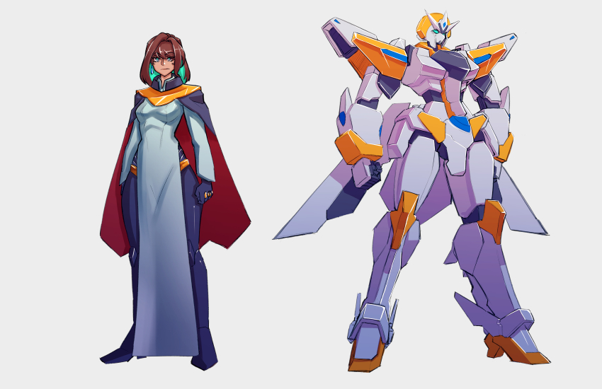 1girl black_cape black_gloves blue_eyes breasts brown_hair cape clenched_hands commentary cosmikaizer english_commentary gloves hair_intakes highres looking_at_viewer mecha medium_breasts medium_hair original pilot_suit robot science_fiction trung_nhi