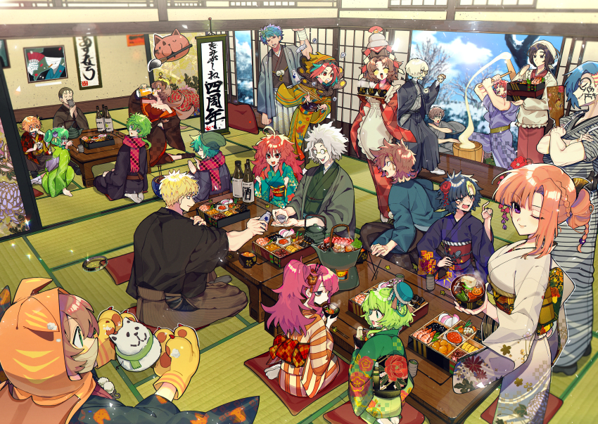 6+boys 6+girls :d ;) ^_^ absurdres ahoge alcohol animal_hands animal_hood animal_print apron aqua_eyes aqua_hair aqua_kimono argyle_clothes argyle_kimono asa_no_ha_(pattern) asymmetrical_bangs bandaged_arm bandages bare_tree beanie beard beer beer_mug black_eyes black_hair black_hakama black_jacket black_kimono black_nails black_socks blonde_hair blue_hair blue_jacket blue_kimono blunt_bangs blush blush_stickers bottle bowl box braid brown_hair brown_hakama brown_kimono bucket bucket_on_head burgerberg_q-taro calligraphy calligraphy_brush cat_hood cat_print checkered_clothes checkered_kimono chidouin_sara choko_(cup) chopstick_rest chopsticks chrysanthemum_print cloak closed_eyes closed_mouth cloud coal cooking_pot crossed_arms crown crying cup cushion dark-skinned_male dark_skin datemaki_(food) day drinking drunk earrings eating egokoro_nao everyone expressionless facepaint facial_hair fish_(food) fish_print floral_print flower food glasses glint gloves green_eyes green_hair green_headwear green_jacket green_kimono green_tea grey_hair grey_kimono grey_socks hagoita hair_between_eyes hair_bun hair_flower hair_ornament hairclip hakama hakama_pants half_up_braid hand_on_own_hip hand_on_own_shoulder hand_to_own_mouth hanging_scroll hannakii haori haori_himo hat hayasaka_shunsuke headscarf highres hiyori_sou hoemii holding holding_bottle holding_bowl holding_box holding_chopsticks holding_cup holding_mallet holding_paddle holding_paintbrush holding_snowman holding_tray hood hood_up hooded_cloak hotpot ibushi_gin ikura_(food) indoors jacket japanese_clothes jewelry jitome juubako kagami_mochi kageyama_ranmaru kamaboko kanzashi kappougi kikumon kimi_ga_shine kimono kinashi_anzu kine kizuchi_kanna knee_up kneeling kurumada_naomichi long_hair long_sleeves looking_at_another looking_at_viewer looking_back lotus_root low_ponytail m_96_1 maid_apron mallet mask meister_(kimi_ga_shine) messy_hair midori_(kimi_ga_shine) mishima_kazumi_(kimi_ga_shine) mishuku_hinako mochi mochitsuki mortar_(bowl) motion_blur mouth_hold mouth_mask mug multicolored_hair multiple_boys multiple_girls muscular muscular_male mushroom mustache new_year nyaa-chan_(kimi_ga_shine) obi obiage obijime object_on_head omelet one_eye_closed open_clothes open_kimono open_mouth orange_cloak orange_eyes orange_hair orange_headscarf orange_kimono osechi paddle paintbrush pants parted_bangs parted_lips paw_gloves pink_hair pointing pointing_at_another polka_dot polka_dot_scarf ponytail portrait_(object) pouring print_kimono profile purple_eyes purple_kimono purple_sash red_eyes red_hair red_kimono red_sash red_scarf red_shirt round_eyewear sake sash satou_gashu satou_kai scarf scowl scroll seigaiha seiza shimekazari shinogi_keiji shirt shiruko_(food) short_hair shouji shrimp single_hair_bun single_sidelock sitting sleeves_rolled_up sliding_doors smile smug snow snowman socks standing steam strapless strapless_shirt streaked_hair striped_clothes striped_kimono surprised swept_bangs tabi table tamagoyaki tatami tazuna_joe tea teapot tofu tokkuri toto_noel tray tree tripping tsumami_kanzashi tsurugi_mai two-tone_hair undercut unworn_collar veranda wavy_hair white_hakama white_headscarf white_kimono white_socks yabusame_alice yabusame_reko yagasuri yellow_eyes yellow_gloves yellow_kimono yokozuwari yunomi zabuton zouni_soup