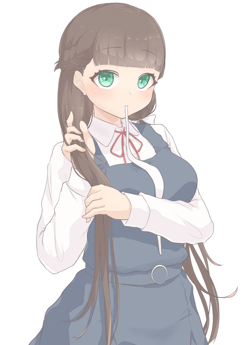 1girl absurdres braid breasts brown_hair collared_shirt commentary cowboy_shot dress dress_shirt green_eyes grey_dress half_up_braid highres long_hair long_sleeves love_live! love_live!_superstar!! low_twintails medium_breasts mouth_hold neck_ribbon no_jacket pinafore_dress red_ribbon ribbon sakurakoji_kinako school_uniform shirt short_dress simple_background sleeveless sleeveless_dress solo twintails tying_hair unworn_ribbon white_background white_shirt winter_uniform yuigaoka_school_uniform zacuro