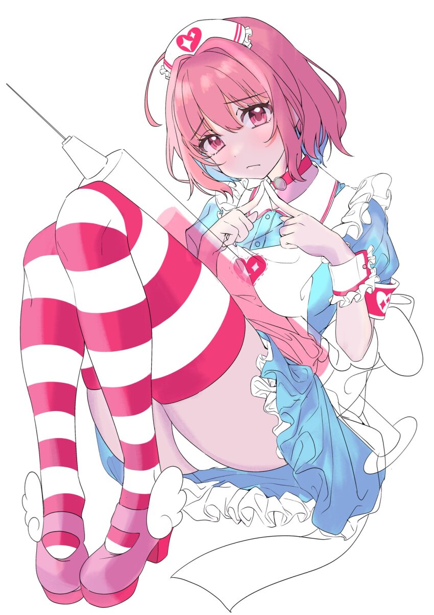 1girl ahoge apron aqua_dress aqua_hair armband bad_id bad_twitter_id breasts choker closed_mouth collared_dress commentary_request dot_nose dress frilled_apron frilled_wrist_cuffs frills full_body hair_between_eyes hair_intakes hands_up hat heart heart_print high_heels highres horizontal-striped_thighhighs idolmaster idolmaster_cinderella_girls idolmaster_cinderella_girls_starlight_stage index_fingers_together kisaragi_shiho large_syringe looking_at_viewer multicolored_hair nurse_cap official_alternate_costume oversized_object own_hands_together panties pantyshot petticoat pink_armband pink_choker pink_eyes pink_hair pink_shoes pink_thighhighs shoes short_hair short_sleeves simple_background sitting solo sparkle_print striped_clothes striped_thighhighs syringe thighhighs thighs two-tone_hair underwear white_apron white_background white_hat white_panties white_thighhighs white_wrist_cuffs winged_shoes wings wrist_cuffs yumemi_riamu