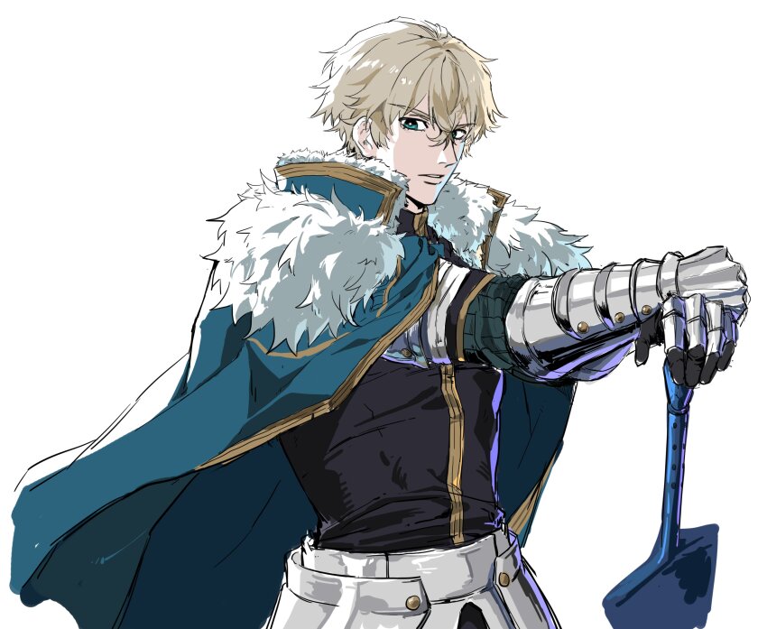 1boy absurdres armor blonde_hair blue_cape blue_eyes cape collared_cape excalibur_galatine_(fate) fate/extra fate/grand_order fate_(series) from_side fur-trimmed_cape fur_trim gauntlets gawain_(fate) hair_between_eyes highres knight looking_at_viewer male_focus parted_lips planted planted_sword planted_weapon potato_goril short_hair solo sword thick_eyebrows weapon
