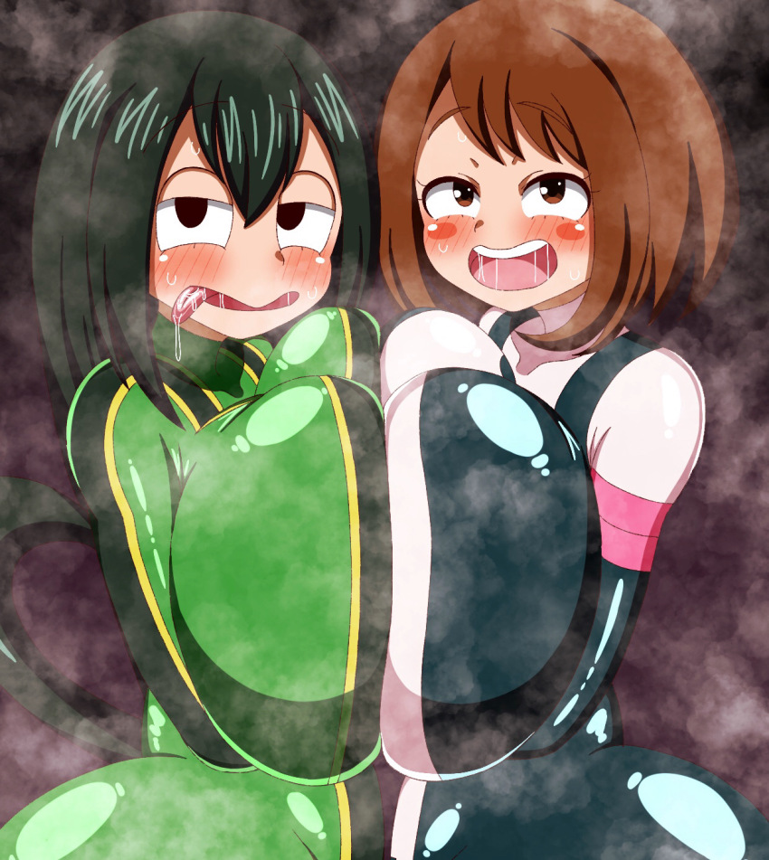asui_tsuyu asui_tsuyu_(hero_outfit) boku_no_hero_academia breast_press breasts highres huge_breasts large_breasts musk_clouds musky pencil3693 shadman smell steam sweat sweatdrop tsuyu_asui uraraka_ochako uraraka_ochako_(hero_outfit)