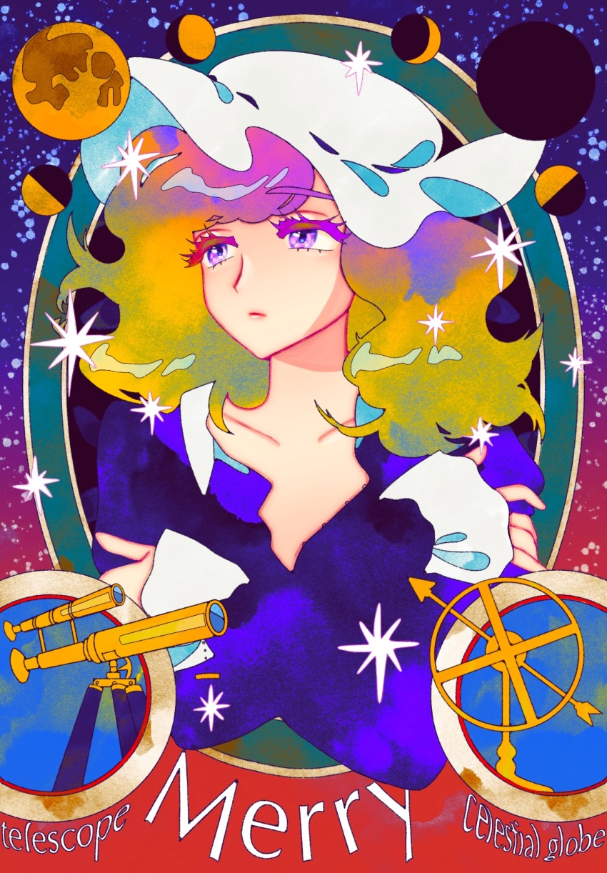 1girl alternate_hair_color blonde_hair celestial_globe character_name closed_mouth gradient_background gradient_hair half-closed_eyes hat highres long_sleeves looking_to_the_side maribel_hearn medium_hair mememedama10 mob_cap moon_phases multicolored_hair outside_border oval_image purple_background purple_eyes purple_hair purple_shirt red_background self_hug shirt sleeves_past_wrists solo sparkle star_(sky) starry_sky_background telescope touhou upper_body