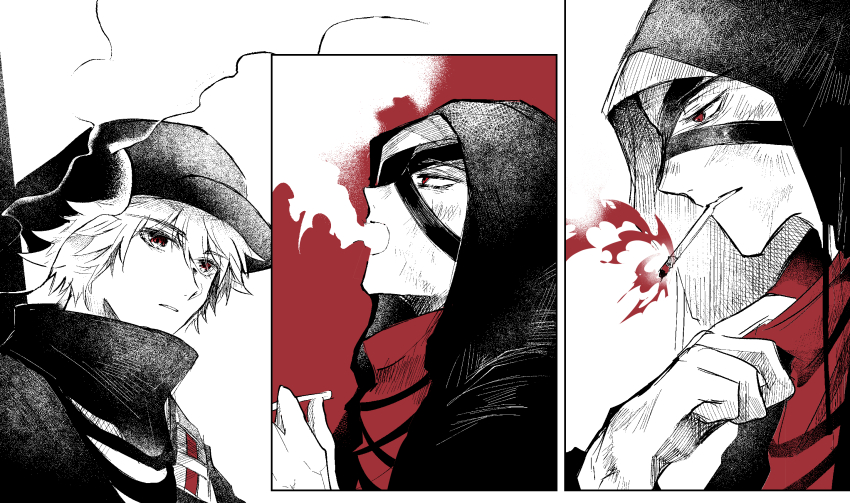 2boys arknights cigarette hair_between_eyes hand_up hateful_avenger_(arknights) highres jacket male_focus mouth_hold multiple_boys oonohara_kenya parted_lips red_(npc)_(arknights) red_eyes shirt simple_background smoke smoking spot_color white_background