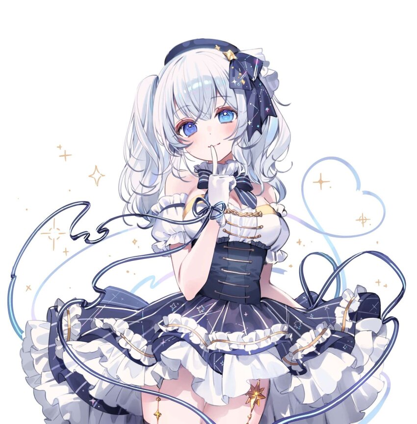 1girl a20_(atsumaru) aqua_eyes bare_shoulders beret black_bow black_bowtie black_skirt blue_bow blue_eyes blue_hat blush bow bowtie character_request closed_mouth copyright_request cowboy_shot crossed_bangs detached_collar detached_sleeves diamond_(shape) dot_nose finger_to_mouth frilled_skirt frills gloves hair_between_eyes hair_bow hat head_tilt heterochromia highres index_finger_raised looking_at_viewer petticoat pleated_skirt puffy_short_sleeves puffy_sleeves short_sleeves showgirl_skirt sidelocks simple_background skirt skirt_hold smile solo sparkle thighs twintails white_background white_gloves white_hair
