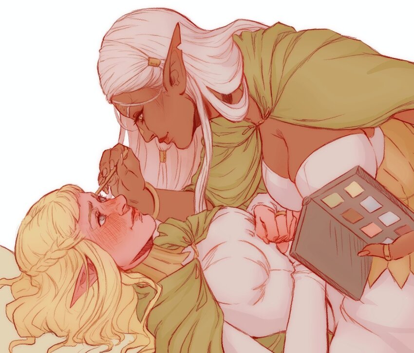 2girls applying_another&#039;s_makeup applying_makeup baronessgremlin blonde_hair bracelet braid breasts bridal_gauntlets choker cithis cleavage cloak closed_mouth commentary dark-skinned_female dark_skin dress dungeon_meshi elf english_commentary eye_contact facial_mark forehead_mark from_side green_cloak grey_eyes grey_hair hair_tubes half_up_braid half_updo hood hood_down hooded_cloak jewelry large_breasts leaning_forward lesbians_doing_makeup_(meme) lips long_hair looking_at_another lying makeup meme multiple_girls necklace notched_ear on_back pattadol pointy_ears ring rouge_(makeup) simple_background smile uniform white_background white_dress