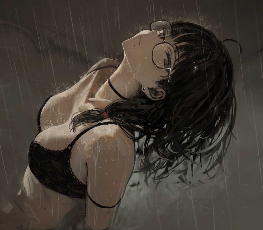 1girl absurdres black_bra black_hair bra breasts brown_eyes cleavage closed_mouth earrings glasses hidulume highres jewelry large_breasts long_hair looking_at_viewer mole mole_under_mouth original solo stud_earrings underwear underwear_only