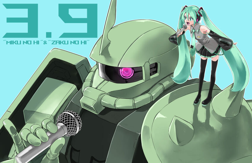 1girl aqua_eyes aqua_hair aqua_necktie black_boots boots commentary_request crossover detached_sleeves grey_shirt gundam hatsune_miku highres holding holding_microphone long_hair mecha microphone miniskirt mobile_suit_gundam necktie number_tattoo on_shoulder pleated_skirt robot shirotsumekusa shirt shoulder_tattoo skirt sleeveless sleeveless_shirt sleeves_past_wrists tattoo thigh_boots twintails very_long_hair vocaloid zaku_ii