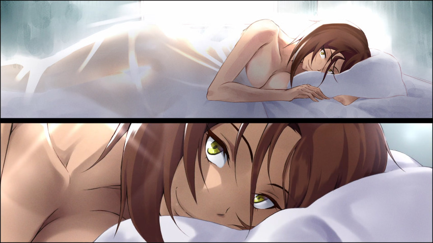 1girl breasts brown_hair cleavage digimon female_focus highres himekawa_maki large_breasts medium_breasts short_hair smile solo yellow_eyes