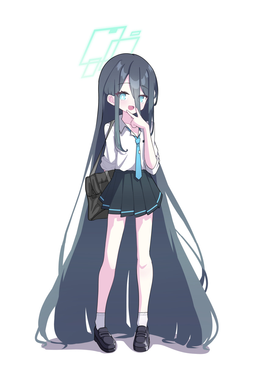 1girl 525_woiwo absurdly_long_hair absurdres aris_(blue_archive) bag black_hair black_shoes black_skirt blue_archive blue_eyes blue_necktie collared_shirt full_body green_halo halo highres long_hair looking_at_viewer mary_janes necktie open_mouth pleated_skirt ringed_eyes school_bag shirt shoes short_sleeves simple_background skirt smile socks standing v very_long_hair white_background white_shirt white_socks