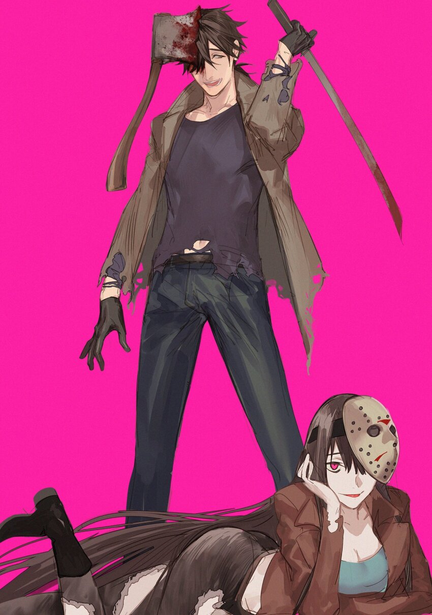 1boy 1girl axe axe_in_head belt black_footwear black_pants black_shirt blood blood_on_axe blood_on_face breasts brown_hair brown_jacket cleavage fate/grand_order fate_(series) gloves hand_on_own_cheek hand_on_own_face highres hockey_mask holding holding_sword holding_weapon jacket lying mask open_clothes open_jacket oryou_(fate) pants pink_background red_eyes sakamoto_ryouma_(fate) shirt simple_background smile standing sword tongue tongue_out torn_clothes weapon ziege113