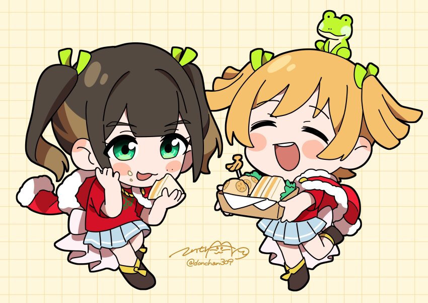 2girls :d ^_^ absurdres animal animal_on_head artist_name back_bow black_footwear black_hair blonde_hair blunt_bangs blush boots bow chibi closed_eyes commentary_request daiba_nana eating food food_bite food_on_face frog frog_on_head full_body fur-trimmed_jacket fur_trim green_eyes green_ribbon grey_skirt grid_background hair_ribbon hand_on_own_cheek hand_on_own_face hands_up highres holding holding_food jacket jacket_on_shoulders koizumi_moeka leg_up looking_at_viewer matsugi_zuntaro miniskirt mole mole_on_cheek multicolored_hair multiple_girls on_head open_mouth pleated_skirt print_shirt real_life red_jacket red_shirt ribbon sandwich shirt short_hair short_sleeves short_twintails shoujo_kageki_revue_starlight signature single_stripe skirt smile standing standing_on_one_leg streaked_hair striped_clothes striped_skirt teeth twintails twitter_username two-tone_hair upper_teeth_only voice_actor voice_actor_connection waist_cape white_bow yellow_background