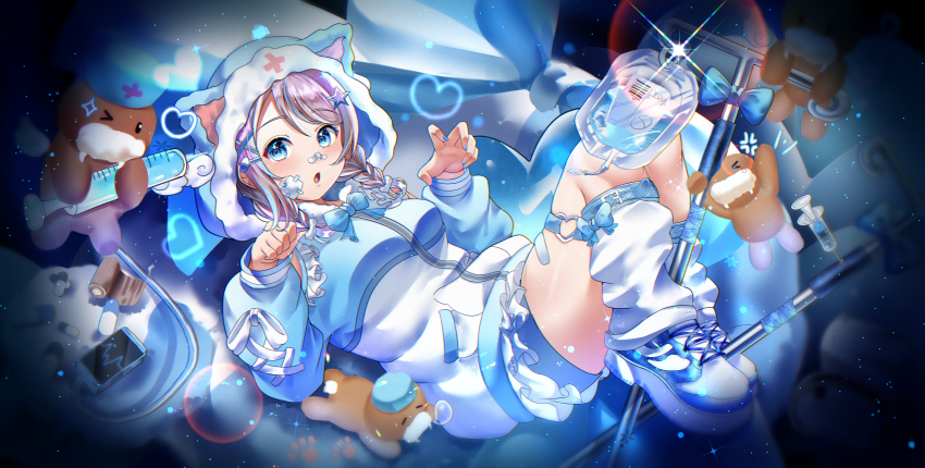 1girl absurdres alternate_hairstyle animal_ears bandages bed blush bow bowtie braid brown_hair from_above gao grey_hair hair_ornament heart highres hood hoodie hospital hospital_bed kuntze long_sleeves looking_at_viewer love_live! love_live!_sunshine!! multicolored_hair nail_polish open_mouth pill ribbon shoes short_hair shorts skirt sneakers solo streaked_hair stuffed_animal stuffed_toy syringe thighs uchicchii walrus watanabe_you white_sneakers