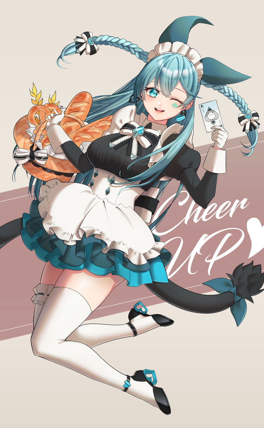 1girl absurdres ace_(playing_card) ace_of_spades alternate_costume animal_ears apron basket black_survival blue_eyes blue_hair braid bread breasts card earrings emma_hardy enmaided eternal_return:_black_survival facial_mark fake_animal_ears food gloves hair_ribbon high_heels highres jewelry long_hair looking_at_viewer maid maid_apron maid_headdress medium_breasts official_alternate_costume one_eye_closed playing_card ribbon solo spade_(shape) thighhighs twin_braids white_gloves zehi02 zettai_ryouiki