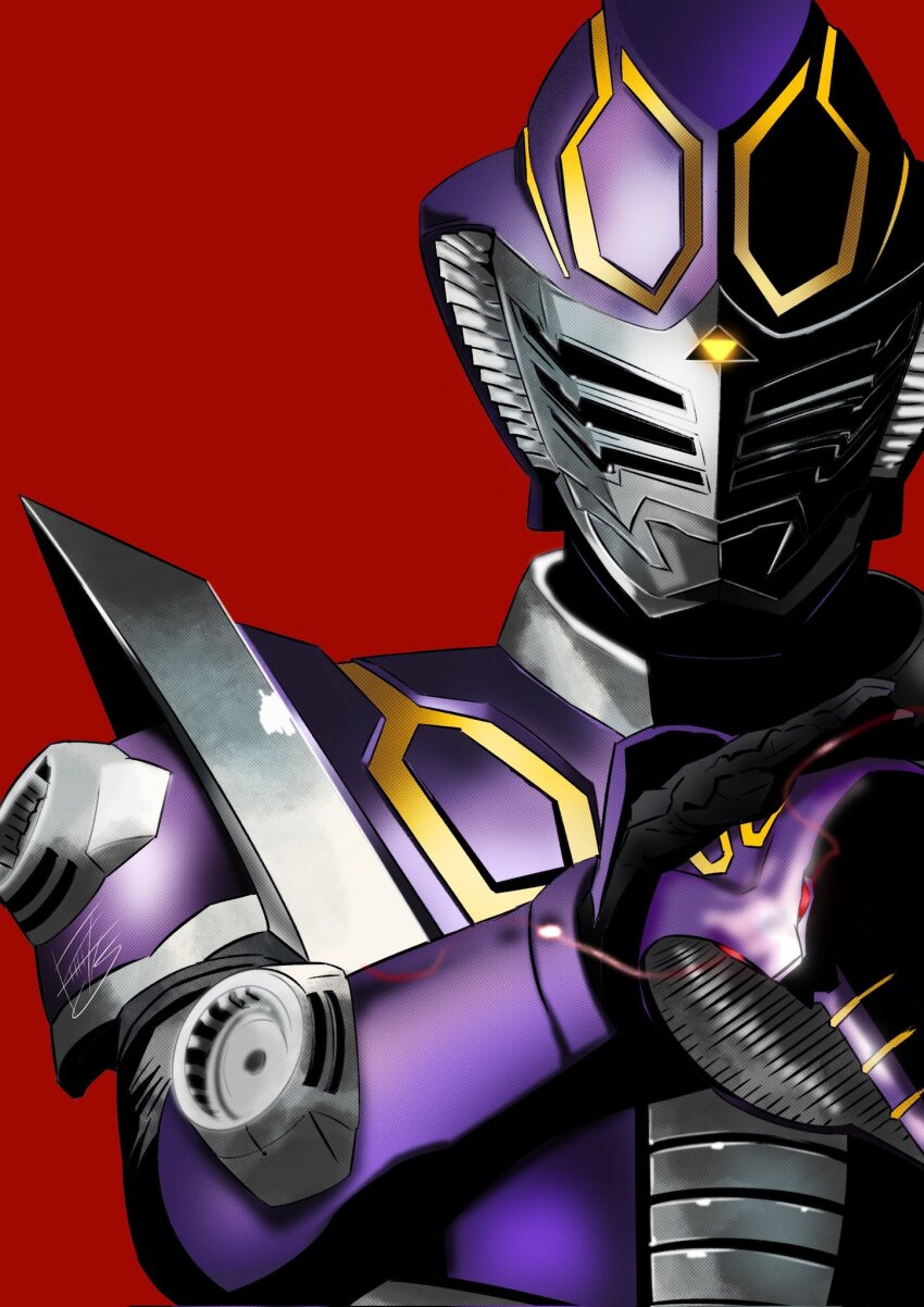 1boy advent_deck armor bodysuit chinese_zodiac cobra_(animal) gloves highres kamen_rider kamen_rider_ouja kamen_rider_ryuki_(series) kouta_decade male_focus mask new_year purple_armor red_background solo tokusatsu year_of_the_snake