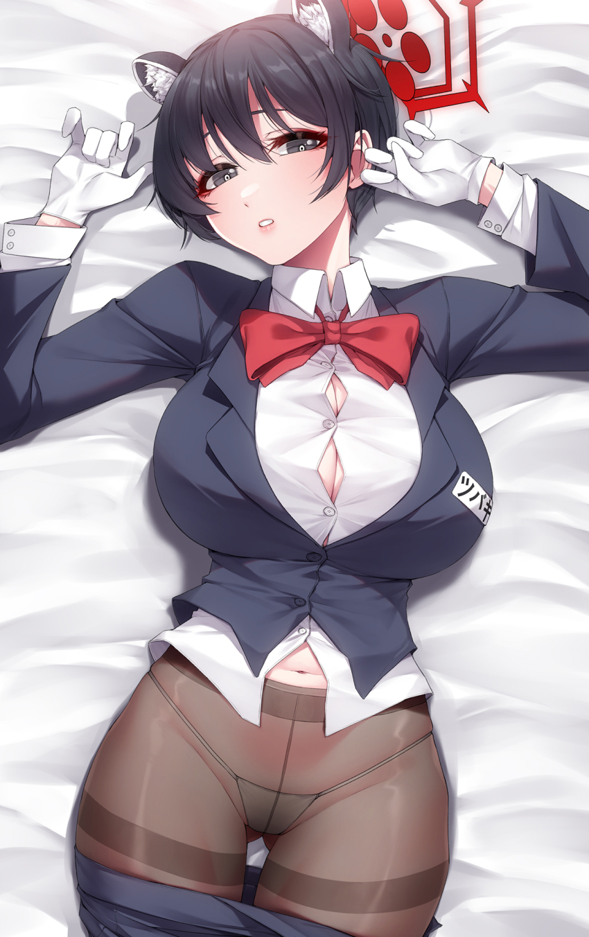 1girl akchu animal_ears bed_sheet black_eyes black_hair black_jacket blue_archive breasts brown_pantyhose bursting_breasts gloves hair_between_eyes halo highres huge_breasts jacket long_hair long_sleeves looking_at_viewer lying navel on_back open_clothes open_jacket panties panties_under_pantyhose pantyhose parted_lips raccoon_ears red_halo shirt short_hair solo tsubaki_(blue_archive) tsubaki_(guide)_(blue_archive) underwear white_gloves white_shirt