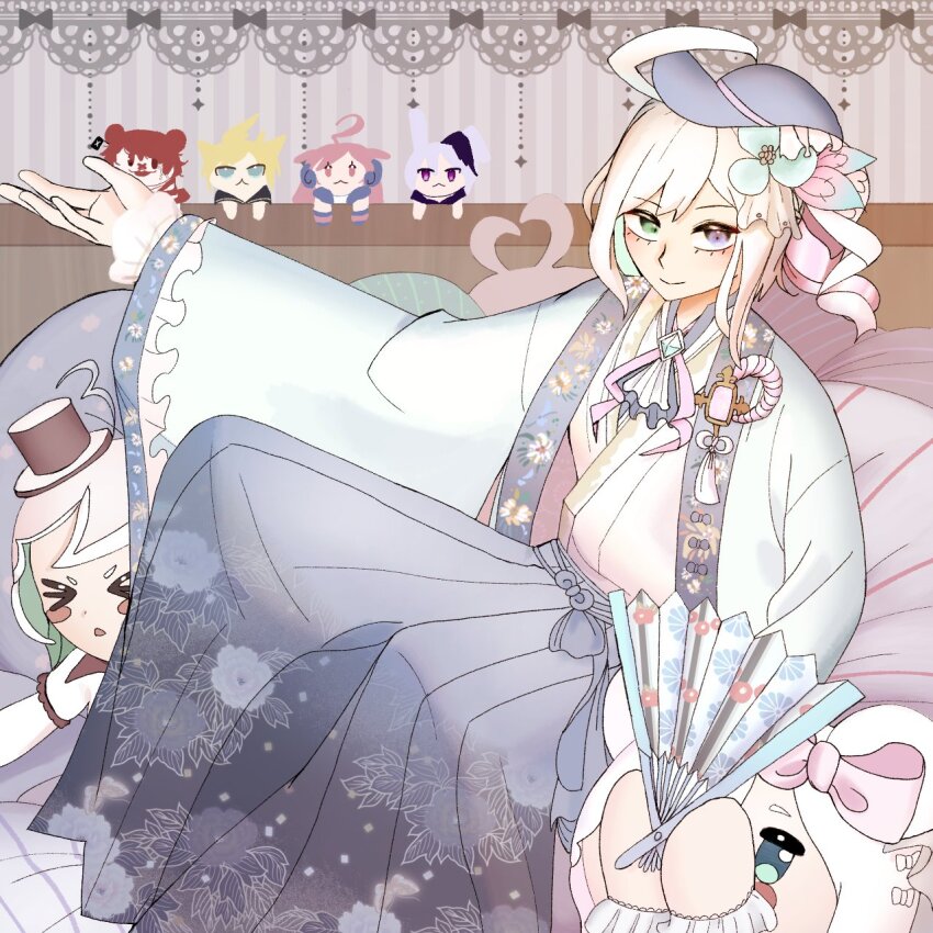 1boy ahoge bed blue_eyes blue_flower blue_hat blue_skirt character_doll closed_mouth doll floral_print flower flower_(vocaloid) flower_(vocaloid3) folding_fan fukase green_eyes hair_flower hair_ornament hair_ribbon hakama hakama_skirt hand_fan hand_up hat heterochromia highres japanese_clothes kagamine_len kimono langis16 looking_at_viewer male_focus pillow pink_ribbon print_folding_fan ribbon sf-a2_miki short_hair sitting skirt smile stuffed_toy utatane_piko vocaloid white_hair white_kimono white_ribbon wide_sleeves