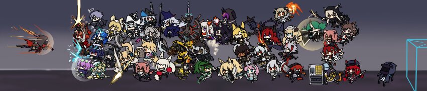 1other 5boys 6+girls absurdres alternate_costume ambiguous_gender arknights blemishine_(arknights) brother_and_sister character_request chibi crownslayer_(arknights) doctor_(arknights) exusiai_(arknights) fiammetta_(arknights) gravel_(arknights) harlequin-wheels hateful_avenger_(arknights) highres holding holding_sword holding_weapon katana kroos_(arknights) kroos_the_keen_glint_(arknights) lava_(arknights) lava_the_purgatory_(arknights) long_image mlynar_(arknights) mudrock_(arknights) multiple_boys multiple_girls nearl_(arknights) nearl_the_radiant_knight_(arknights) nian_(arknights) nightingale_(arknights) official_alternate_costume originium_arts_(arknights) platinum_(arknights) saga_(arknights) shining_(arknights) siblings sisters sword thorns_(arknights) uncle_and_niece w_(arknights) weapon wide_image