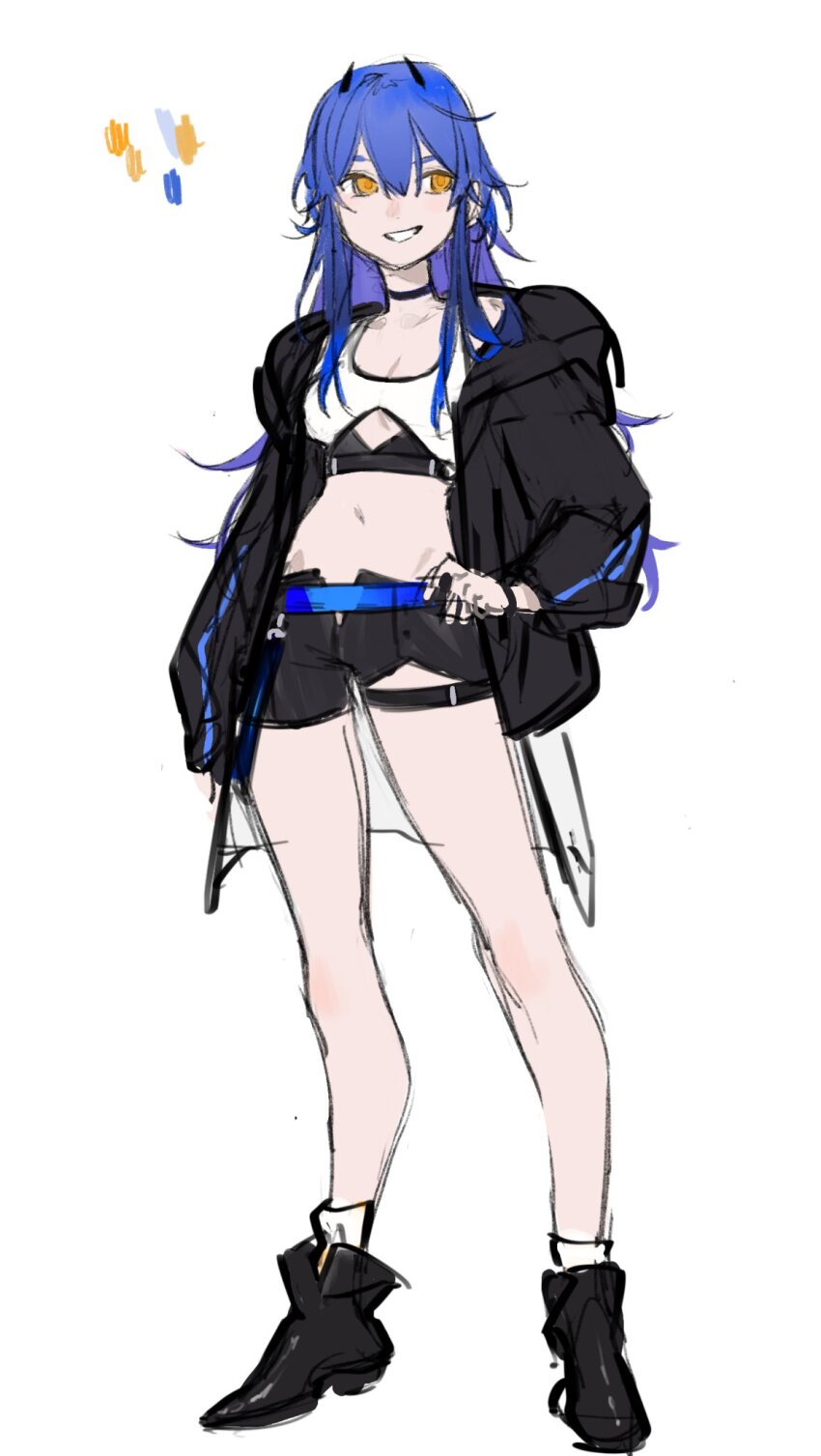 1girl :d belt black_bra black_jacket black_shoes blue_hair bra cleavage_cutout clothing_cutout facing_viewer full_body grin hair_between_eyes highres horns jacket long_hair open_clothes open_jacket open_mouth original shoes short_shorts shorts sidelocks simple_background smile solo thigh_belt thigh_strap underboob_cutout underwear very_long_hair white_background yellow_eyes yoimon