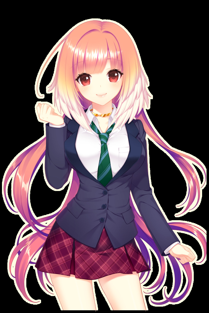 1girl blue_jacket breasts frilled_skirt frills green_neckwear hand_up highres jacket large_breasts looking_at_viewer official_art pink_hair red_eyes red_skirt school_uniform selena_(soccer_spirits) shirahane_nao skirt soccer_spirits transparent_background
