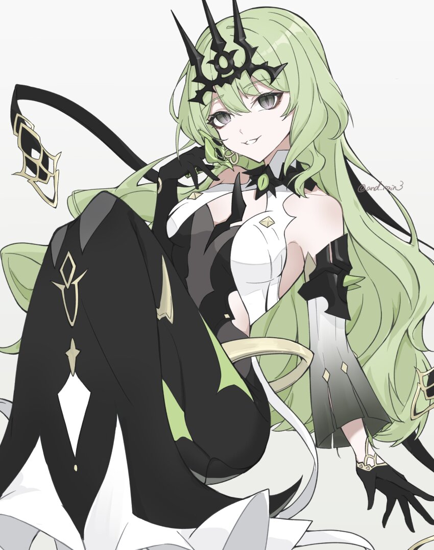1girl absurdres asymmetrical_gloves black_gloves black_tiara breasts dress earrings elbow_gloves gloves green_hair grey_dress highres honkai_(series) honkai_impact_3rd jewelry long_hair mobius_(honkai_impact) parted_lips revealing_clothes simple_background slit_pupils small_breasts solo spikes tiara torein_(and_rain3) twitter_username uneven_gloves very_long_hair white_background