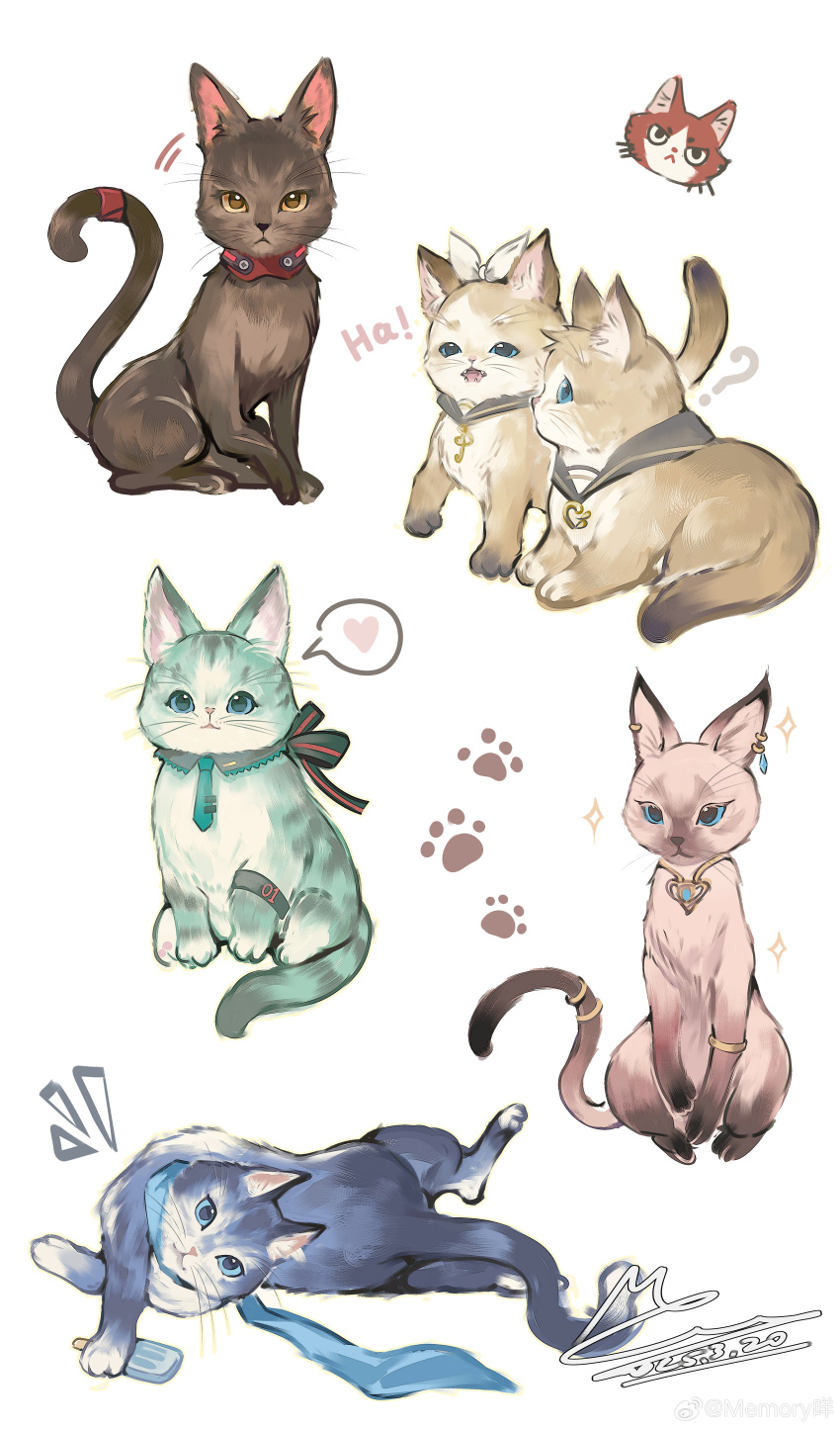 ? absurdres animal animal_ear_fluff animal_ear_piercing animalization aqua_necktie belt belt_buckle black_belt black_bow black_sailor_collar blue_eyes blue_scarf bow buckle cat chinese_commentary closed_mouth clothed_animal collar commentary_request dated detached_collar earrings food gold_earrings gold_necklace gold_ring gradient_scarf grey_collar hatsune_miku heart heart_necklace highres holding holding_food holding_popsicle hoop_earrings jewelry kagamine_len kagamine_rin kaito_(vocaloid) laughing leg_belt looking_at_viewer lying megurine_luka meiko_(vocaloid) memory_mie mismatched_earrings motion_lines multiple_earrings musical_note necklace necktie no_humans on_side open_mouth paw_print popsicle red_collar sailor_collar scarf signature simple_background single_stripe spoken_heart striped_bow tail tail_ornament tail_ring tie_clip vocaloid watermark weibo_watermark whiskers white_background white_bow white_scarf