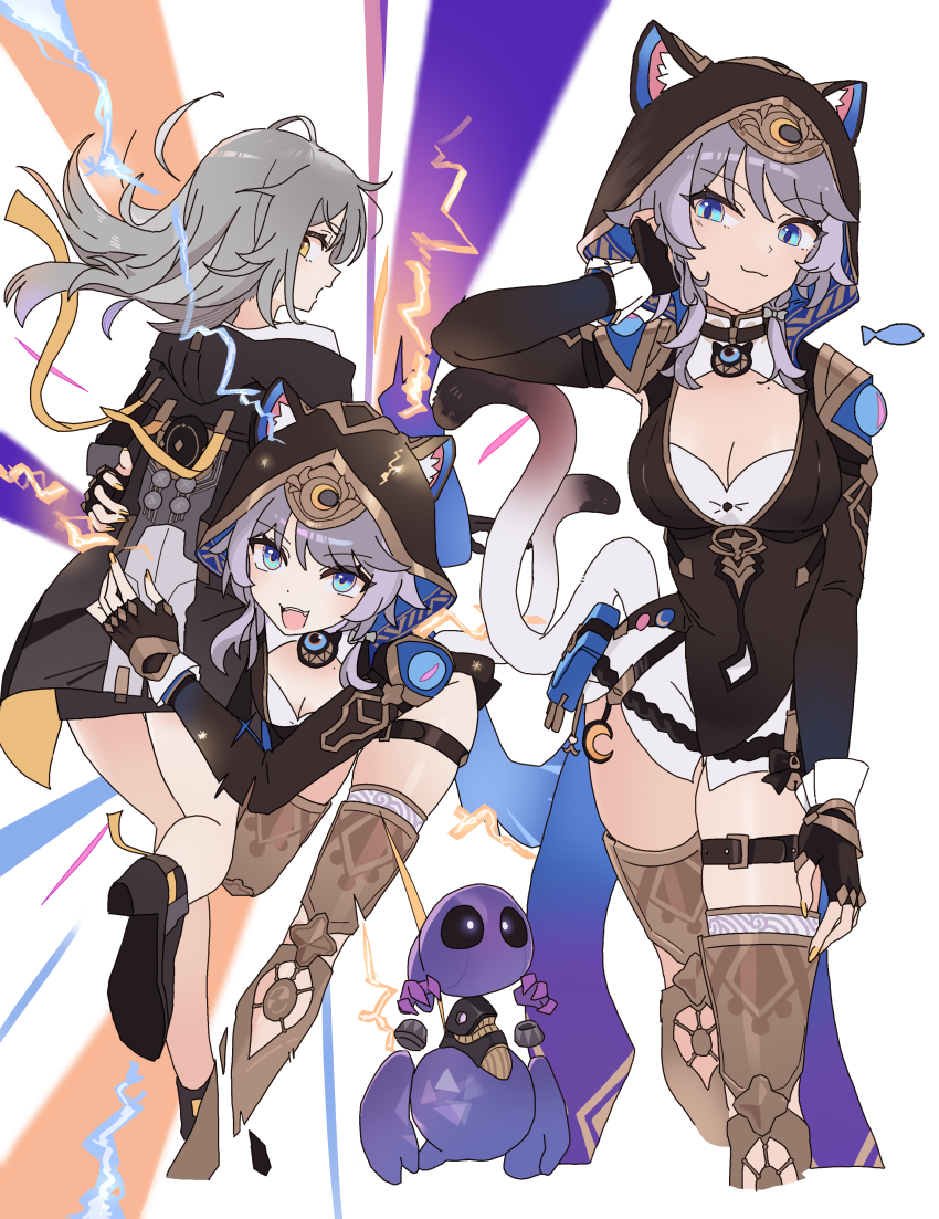2girls absurdres animal_ears armored_boots belt black_leotard blue_eyes boots breasts carrying carrying_person cat_ears cat_girl cat_tail cipher_(honkai:_star_rail) cleavage commentary_request gold_boots grey_hair highres honkai:_star_rail honkai_(series) hooded_leotard leotard medium_breasts medium_hair mole mole_on_breast multiple_girls multiple_views origami_gyokuo shirt short_hair_with_long_locks stelle_(honkai:_star_rail) tail thigh_belt thigh_strap thighs trailblazer_(honkai:_star_rail) white_shirt yellow_eyes