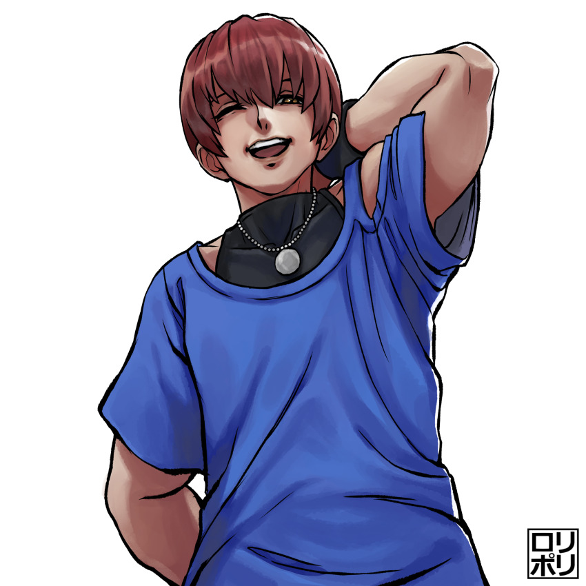 1boy arm_behind_back arm_behind_head black_undershirt blue_shirt brown_eyes brown_hair chris_(kof) hair_between_eyes highres jamrolypoly jewelry looking_at_viewer male_focus necklace one_eye_closed open_mouth shirt short_hair simple_background smile solo the_king_of_fighters the_king_of_fighters_xv white_background