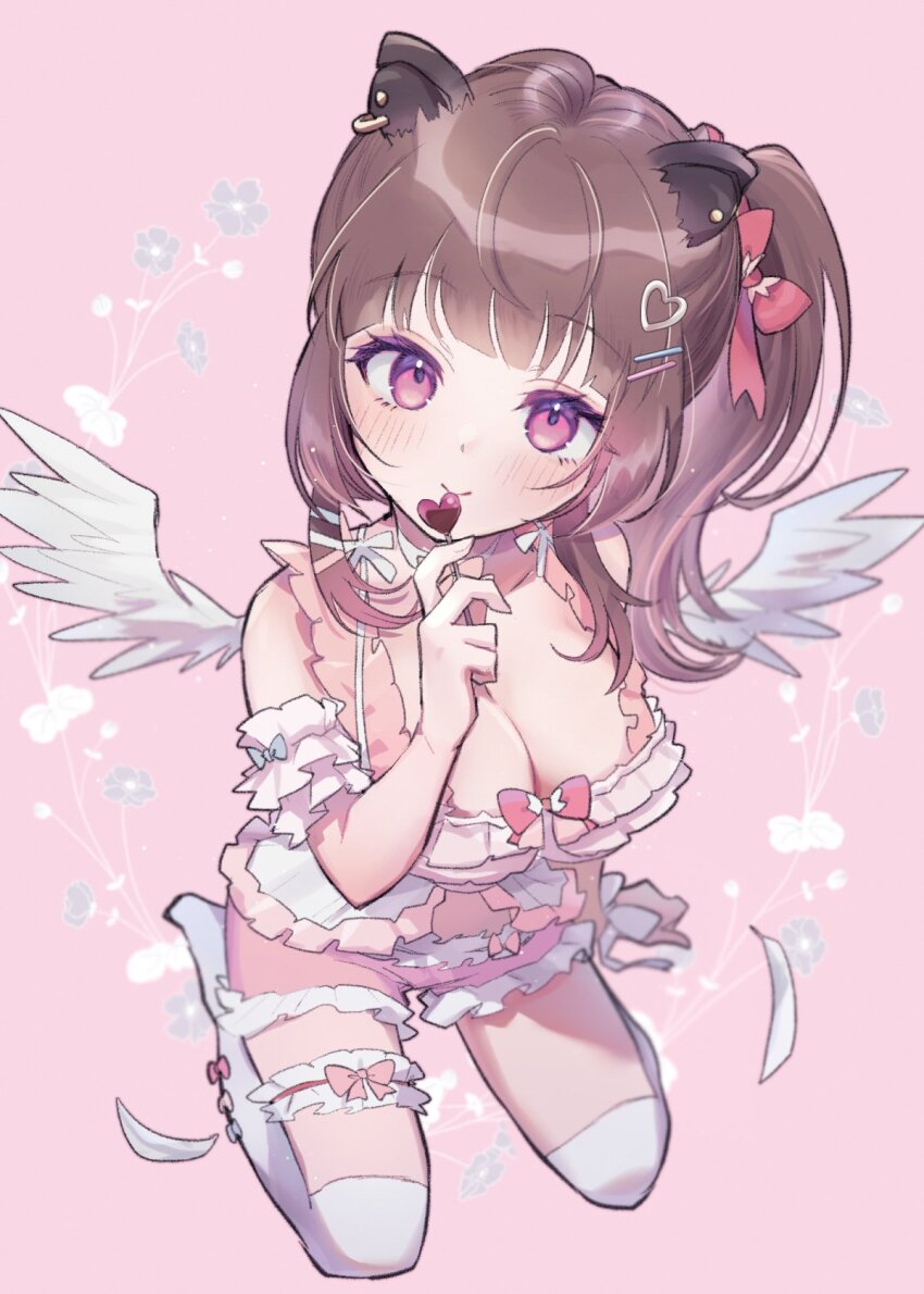 1girl animal_ear_piercing animal_ears babydoll blunt_bangs blush bow breasts brown_hair candy capybara_ears cleavage closed_mouth commentary_request earrings feathered_wings feathers flower food frilled_babydoll frilled_shorts frills full_body hair_ornament hairclip heart heart-shaped_food heart-shaped_lollipop heart_hair_ornament high_side_ponytail highres holding holding_candy holding_food holding_lollipop jewelry kuzuhana large_breasts lollipop long_hair looking_at_viewer nanashi_inc. pink_background pink_bow pink_eyes pink_shorts seiza shaped_lollipop shorts sidelocks sitting smile solo stud_earrings thigh_strap thighhighs virtual_youtuber white_babydoll white_thighhighs white_wings wings yunohara_izumi