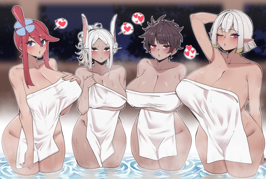 4girls 7a_(se7ena) ;o animal_ears arm_behind_head arm_under_breasts arms_under_breasts black_hair blue_eyeliner blue_eyes blush boku_no_hero_academia breasts cleavage collarbone covering_privates crossed_arms crossover curvy dark-skinned_female dark_skin eye_of_horus eyeliner female_focus furrowed_brow hair_between_eyes hair_ornament hand_on_own_chest hathor_(last_origin) heart highres huge_breasts last_origin long_eyelashes long_hair looking_at_viewer makeup melt_(last_origin) mirko multiple_girls naked_towel night nintendo no_horns nude_cover one_eye_closed one_side_up onsen parted_bangs parted_lips pink_eyes pointy_ears pokemon pokemon_bw ponytail rabbit_ears rabbit_girl red_eyes red_hair short_hair skyla_(pokemon) spoken_heart steam thick_thighs thighs towel trait_connection wading water wet white_hair wide_hips