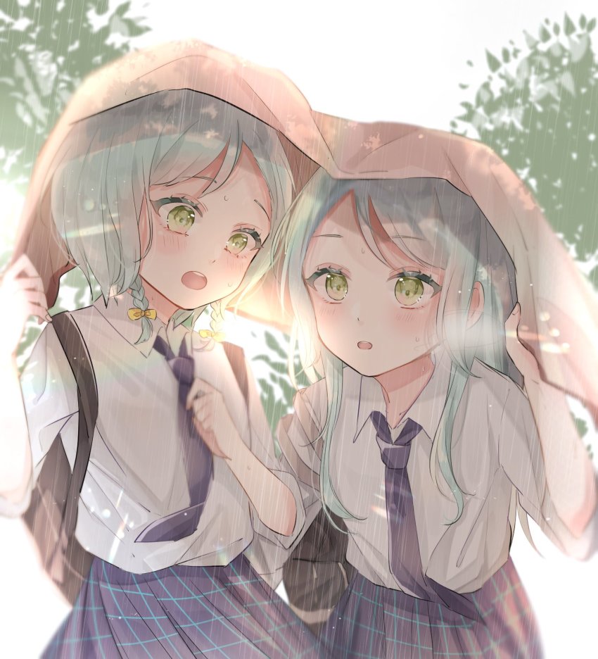 2girls aqua_hair bad_id bad_pixiv_id bang_dream! braid green_eyes hair_ribbon highres hikawa_hina hikawa_sayo long_hair multiple_girls necktie open_mouth ribbon school_uniform shain short_hair siblings side_braids sisters twins white_background