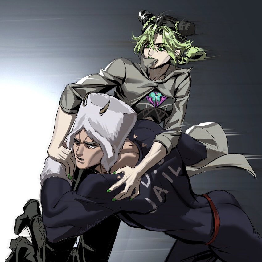 1boy 1girl ass black_hair boots braid bun_with_braided_base carrying coat commentary fur_hat green_eyes green_hair green_lips grey_coat hashtag-only_commentary hat highres horned_hat jojo_no_kimyou_na_bouken kuujou_jolyne motion_lines multicolored_hair shinkaifuyuki speed_lines stone_ocean twin_braids two-tone_hair weather_report white_hat